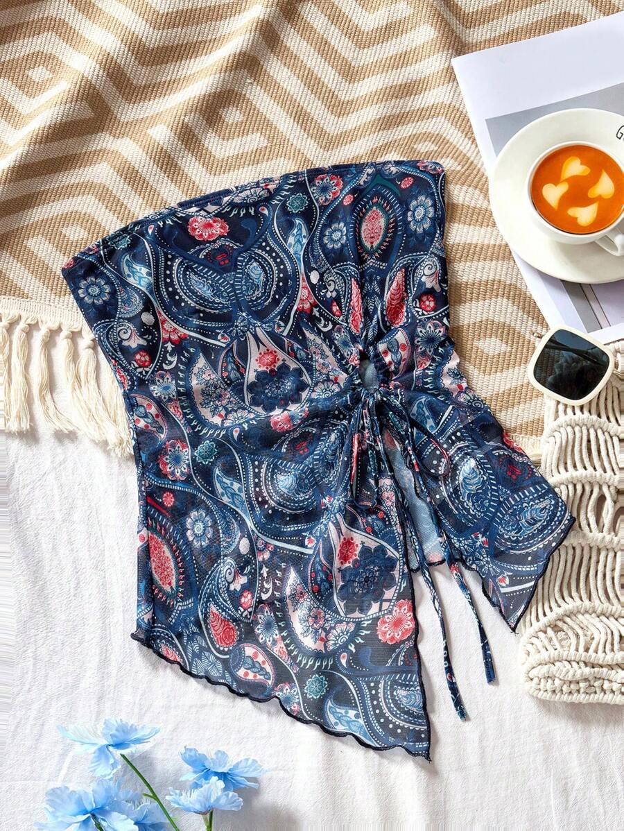 SHEIN VCAY Áo crop top lưới dệt kim in họa tiết đi nghỉ dành cho nữ có viền bất đối xứng - Màu xanh lam - Xem 1