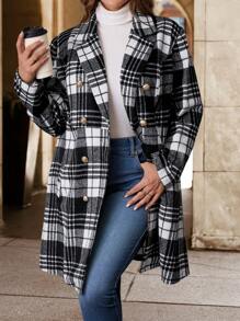 SHEIN Clasi Plus Size Women's Black And White Plaid Metal Button Cinched Waist Jacket, Autumn/Winter