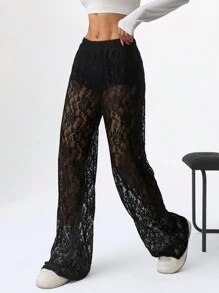 SHEIN EZwear Pantaloni lungi din dantelă de culoare uni pentru femei