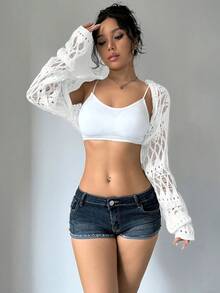 SHEIN Unity Áo len cardigan ngắn màu trơn cho nữ, mùa xuân và mùa hè - trắng - Xem 4