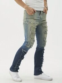 Manfinity Homme 男式休闲水洗渐变做旧修身牛仔裤 - 淺色水洗藍 - 查看 6