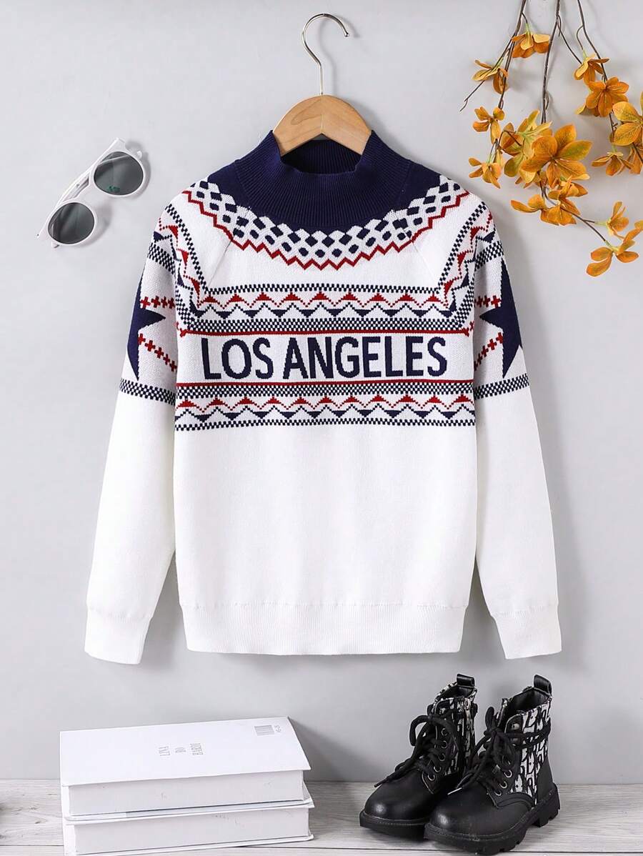 Luxurious Autumn/Winter Nordic Fair Isle Pattern Pullover Sweater For Tween Girl, College Style - White - View 1