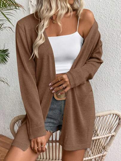 EMERY ROSE Women's Solid Color Long Sleeve Open Front Casual Loose Cardigan, Autumn Winter , Brown Cardigans In Women Fall Cloth For Women
