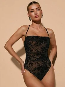 SHEIN BAE Sweet Holiday Date Mesh All-Over Floral Print Flocked Spaghetti Straps Neckline Draped Women's Bodysuit ,Club Women Outfits,Halloween Outfits - Black - View 6