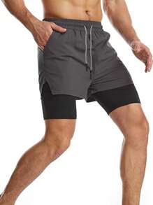 Manfinity Running 男友风男士纯色抽绳腰口袋休闲日常健身运动短裤 - 深灰色 - 查看 3