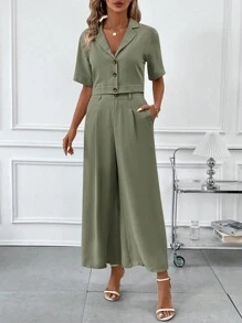 SHEIN Clasi 2 件女式领口腰线口袋短款衬衫和阔腿裤套装 - 軍綠色 - 查看 3