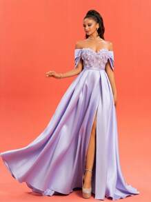 New Off-Shoulder Lace Floral Patchwork Side Slit Back Zipper Closure Elegant Fashion Cocktail Evening Gown Formal Prom Wedding Guest Dress, For Graduation, Dinner Party Dress - Mauve Purple - View 5