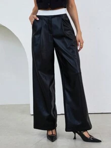 SHEIN Privé Stylish Colorblock Elastic Waist PU Leather Design Loose Fit Pants Fall Cloth For Women - Black - View 6