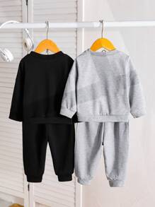 SHEIN Baby Jungen Lässig Kombi-Outfit mit einfarbigem geripptem Sweatshirt & Hose, geeignet für Outdoor, Sport, Lässig im Herbst und Winter - Verschiedenfarbig - Übersicht 2