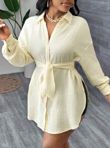 SHEIN SXY Sexy Women Outfits Elegant Leisure Fall Clothes Solid Color Front Button Asymmetric Hem Tie Casual Long Sleeve Blouse - White - View 5