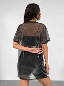 SHEIN EZwear 女式网眼透视 V 领短袖迷你连衣裙 - 黑色 - 查看 2