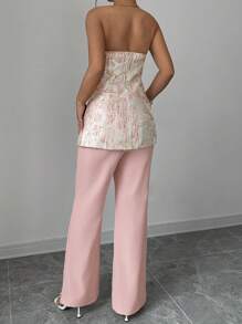 Elenzga 2 件套女士优雅全印花正面纽扣背心和纯色裤子套装