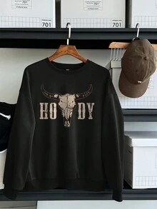 SHEIN EZwear 女士休闲简约牛头印花圆领宽松厚款长袖运动衫，适合春秋冬季 - 黑色 - 查看 2