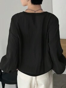 FRIFUL Áo cánh dài tay thường ngày in chữ cổ tròn cho nữ - màu đen - Xem 3