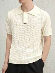AKNOTIC Business Casual 男士针织翻领 Polo 衫，白色钩针纹理短袖修身上衣 - 白色 - 查看 1