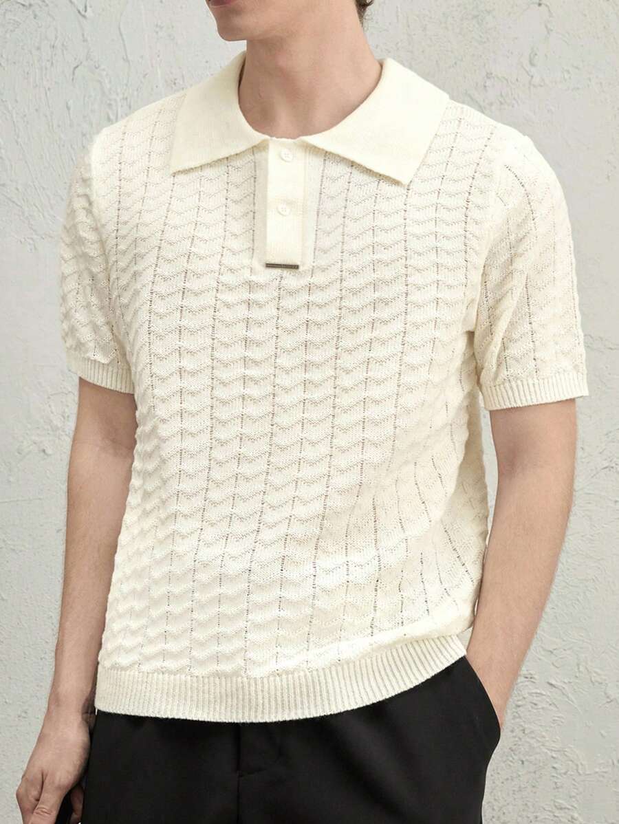 AKNOTIC Business Casual 男士针织翻领 Polo 衫，白色钩针纹理短袖修身上衣 - 白色 - 查看 1