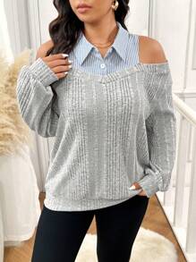 SHEIN Frenchy Plus Size Casual Striped Patchwork Open Shoulder Sweatshirt