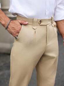 Calvornis Men Solid Color Tapered Suit Pants - Khaki - View 6