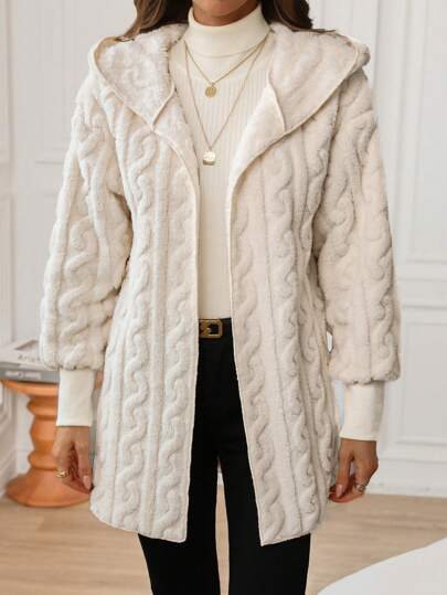 SHEIN LUNE Women's Regular Casual Hooded, Ribbed Cuff, S-Shaped Jacquard, Double-Sided Fleece Fabric Comfortable Jacket For Outings Winter Clothes Business Casual Woman Western Woman Attire Teacher Clothes Work Wear Elegant Woman Clothing