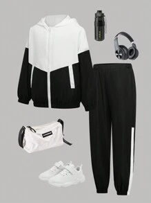 Tween Jongens Hooded Zip-Up Jack & Stripe Contrast Broek Set, Zwart, Herfst/Winter
