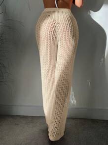SHEIN Swim Summer Beach Hollow Out Knitted See-Through Cover-Up Pants, Holiday - Apricot - View 3