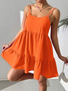 SHEIN EZwear Vestido casual de tirantes finos y espalda descubierta tipo babydoll color naranja para vacaciones