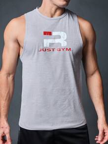 Manfinity Running 男友风男士简约印花无袖健身 T 恤和背心透气 - 灰色 - 查看 4