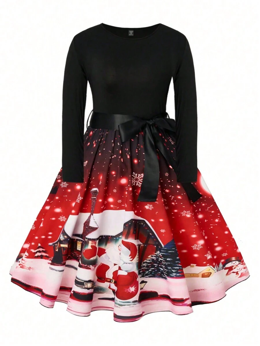 SHEIN CURVE+ 大码女式撞色圣诞老人印花休闲连衣裙、圣诞服装
