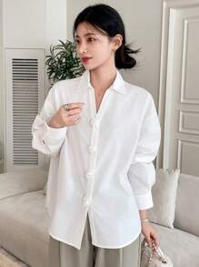 DAZY Blouse à manches longues avec application florale de couleur unie oversize pour femmes, vêtements d'automne pour femmes