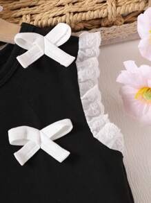 SHEIN 年轻女孩夏季时尚蕾丝边蝴蝶结装饰荷叶边下摆吊带背心可爱甜美上衣 - 黑色 - 查看 5