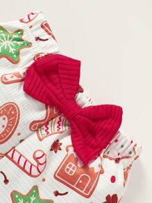 3pcs/Set Baby Girls Christmas Cartoon Santa Claus Tree & Snowman Print Ruffle Bodysuit + Waffle Fabric Bow Flared Pants & Headband, Winter - Red - View 4