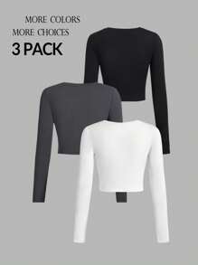 SHEIN PETITE Conjunto de 3 piezas de camisetas casuales y simples para mujeres, de cuello redondo, de manga larga y ajustadas en la Bottom
