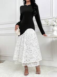 Modelyn Damen elegantes Farbkontrast-Spitzenkleid mit Patchwork, Frühling/Herbst