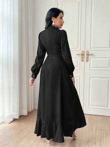 Modelyn Women Fashion Solid Color Belted Long Sleeve Dress,Elegant Evening Party Dress Long Evening Dresses - Black - View 2