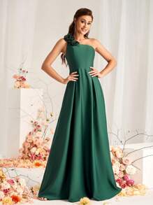 SHEIN Belle Vestido de satén asimétrico en color verde musgo elegante y romántico con decoración floral 3D, falda plisada tipo globo, adecuado para bodas y eventos formales como vestido de dama de honor