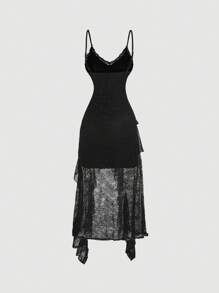 SHEIN MOD 女士纯色蕾丝拼接细肩带性感连衣裙、返校节连衣裙、早午餐女装、茶会连衣裙、派对女装连衣裙 - 黑色 - 查看 2