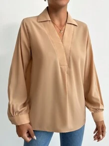 EURMUSE V-collar Lantern Sleeve Solid Top - Apricot - View 5