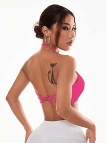 Easithlete Women's Stylish Solid Color Cross Strap Backless Sports Bra With Halter - Hot Pink - View 4
