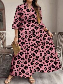 SHEIN LUNE 1 pieza Vestido rosa con estampado de leopardo de manga larga con cuello en V y fruncido, adecuado para otoño - Rosa - Ver 2