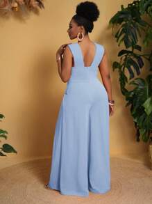 Plus Size Solid Color Asymmetric Neck Wide Leg Jumpsuit - Blue - View 2