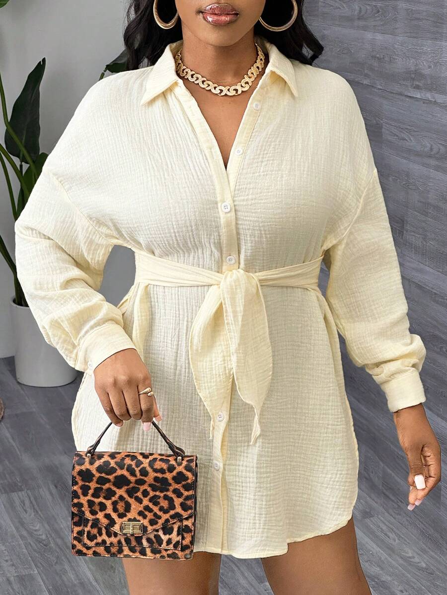 SHEIN SXY Sexy Women Outfits Elegant Leisure Fall Clothes Solid Color Front Button Asymmetric Hem Tie Casual Long Sleeve Blouse - White - View 1