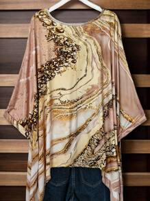 EMERY ROSE Plus Size Vacation Casual Marble Printed Batwing Sleeve Shirt - Pink - View 2