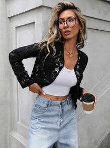 GENKIRA Áo khoác ren khoét sâu thanh lịch kiểu Pháp dài tay cổ tròn thiết kế túi không cài nút - màu đen - Xem 5