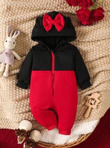 Baby Girls Hooded Zip-Up Bowknot Design Colorblock Jumpsuit - Black - View 1