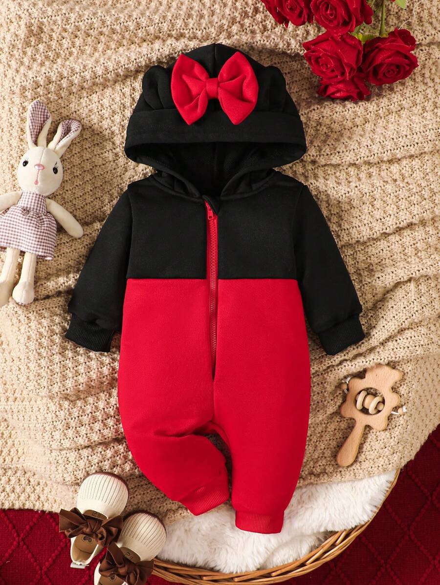 Baby Girls Hooded Zip-Up Bowknot Design Colorblock Jumpsuit - Black - View 1