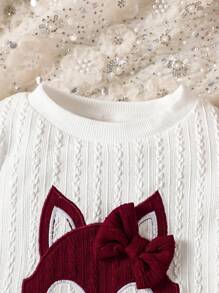 SHEIN 女婴 2 件冬季针织花卉刺绣蝴蝶套装 - 长袖上衣和裤子 - 酒紅色 - 查看 4