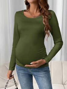SHEIN Maternity Spring Summer Solid Color Round Neck Long Sleeve Ruched Slim Fit T-Shirt Fall - Army Green - View 4