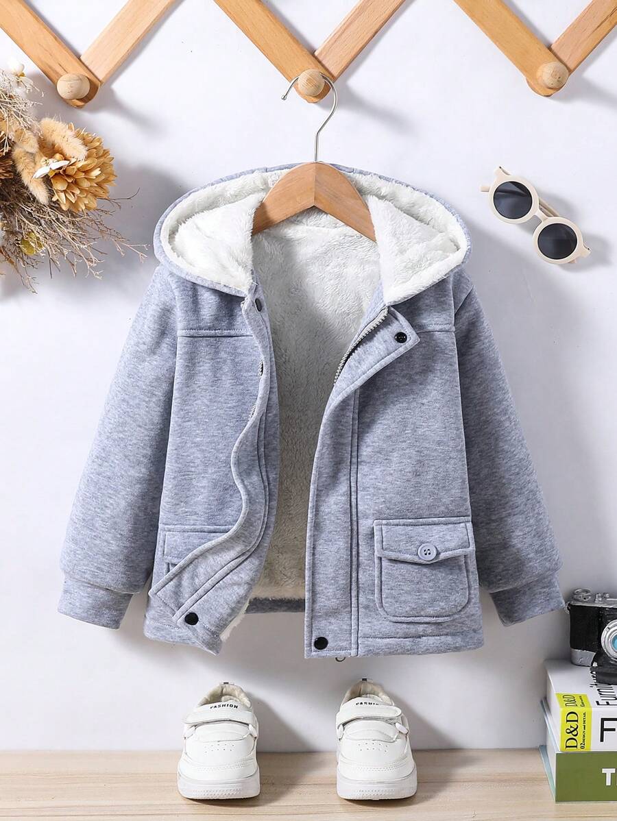 年轻女孩连帽保暖内衬厚夹克 - 灰色 - 查看 1