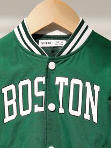 SHEIN Chaqueta ligera de estilo coreano informal para niños y niños pequeños con estampado de letra y gráfica, mangas de contraste, cuello de béisbol, frente abierto, adecuada para ir y venir, escuela, uso diario casual, vacaciones, deportes, primavera, verano, otoño e invierno, tipo bomber - Verde - Ver 6