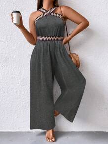SHEIN Clasi Plus Size Graphic Print Tube Top Jumpsuit For Casual Vacation - Dark Grey - View 3